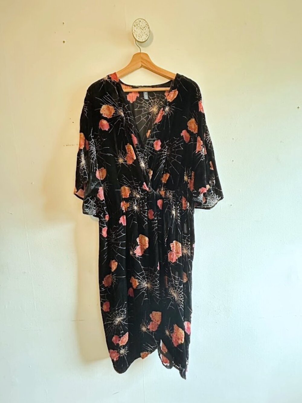 Modcloth Dramatic Depths Velvet Wrap Dress, Black Spiderwebs and Roses, 2X - Picture 2 of 9